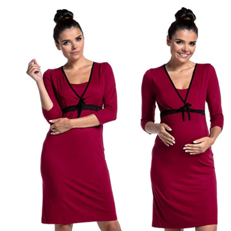 

Maternity Lace Deep V-neck Breastfeeding Nightgown Maternity Fashion Sleepwear Summer Dress Pregnant Women Nursing Dress