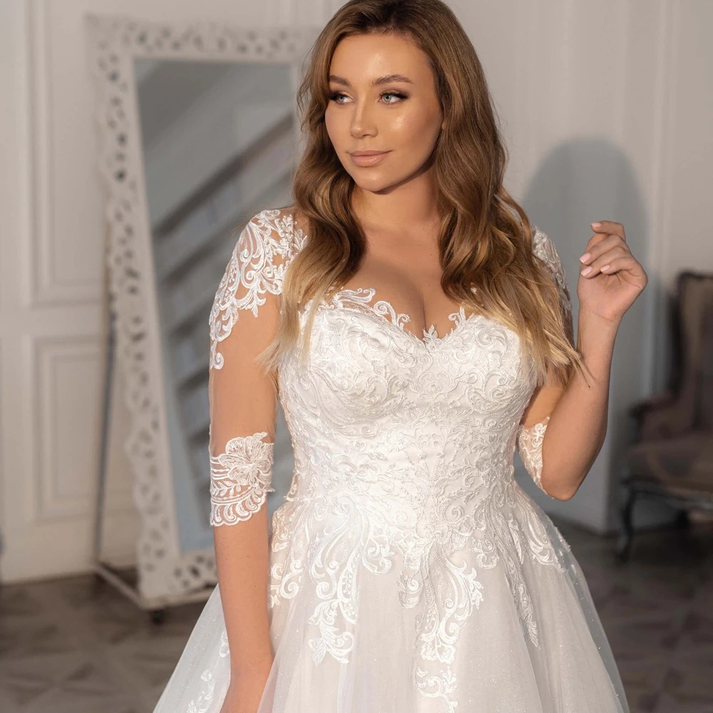 

Plus Size Wedding Dress Modest Plus Size Wedding Gown Custom Made V-neck Half Sleeves Sweep Train A-line Bridal Gown Robe De M