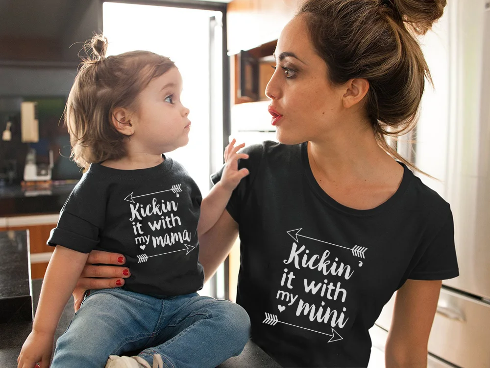 

Kickin' It with My Mini and Mama Mommy and Me Outfit Mother and Daughter Son Matching Tshirt Summer Short Sleeve Black Tee