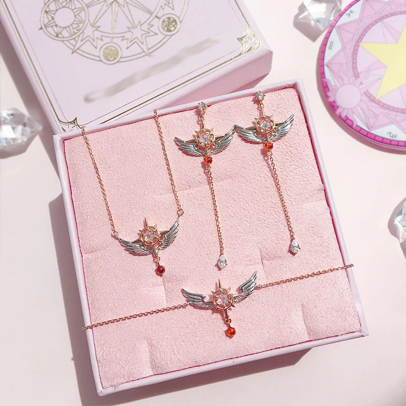 

Anime Cardcaptor Sakura Necklace Earrings Jewelry Set Card Captor Sweater Necklace 925 Sterling Silver Angel Wings Jewelry Gifts