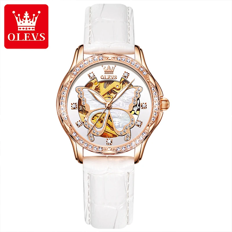 OLEVS Luxury Hollow Butterfly Dial Mechanical Watches Women Stainless Steel Ceramics Diamond Luminous Hands Waterproof Leather