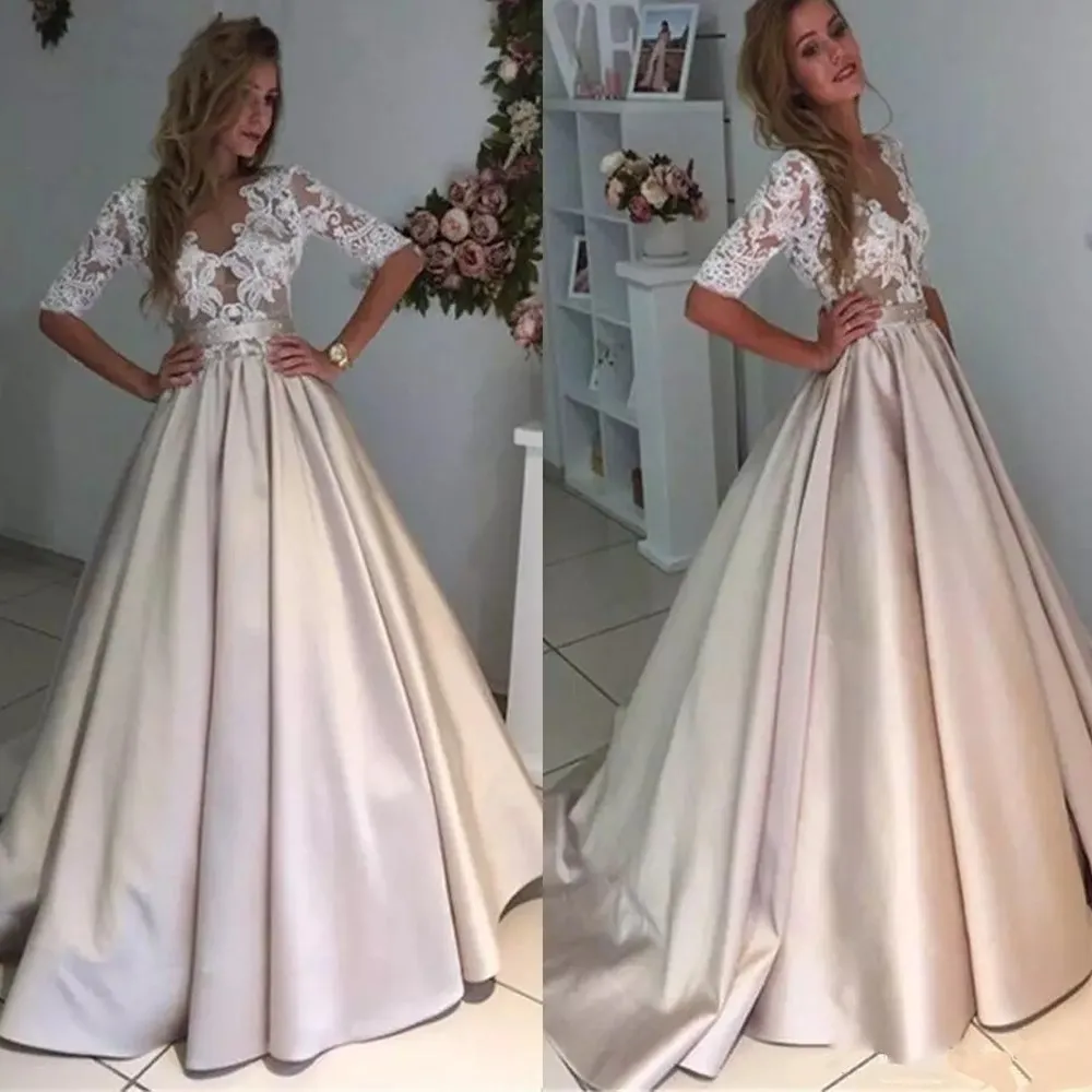 

Vintage Lace Satin Wedding Dresses Half Sleeve Champagne Elegant Appliques Boho Bridal Gown Scoop Wedding Party Mariage Romance