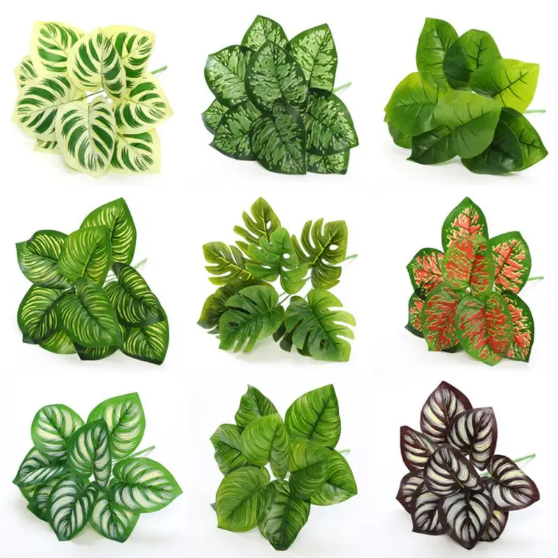 

9 Fork Artificial Plant Plastic Grass Turtle Leaves Wall Green Plant Accessories Party Wedding Decoration Potted Fake Flower New