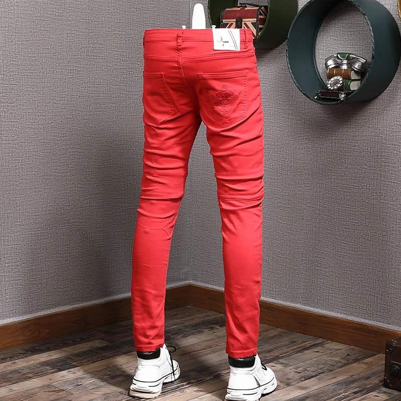 American Street Style Fashion Men Jeans Elastic Slim Fit Ripped Jeans Men Korean Spliced Designer Hip Hop Denim Pencil Pants