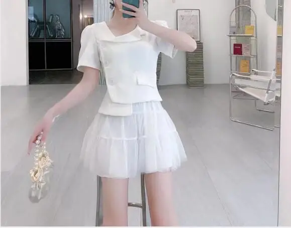 

2021 New Korean Chic Oblique Collar Irregular Suits Female Sweet Mesh Elastic Waist Gauze Mini Skirt Jacket Two Piece Set Women