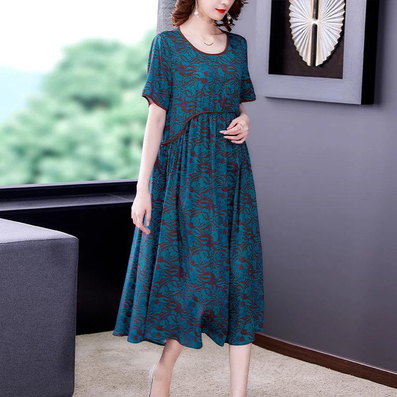 

Модное Элегантное Шелковое Платье Chikichi, Новинка лета 2021, платье средней длины из шелка тутового шелкопряда с круглым вырезом и принтом, женс...