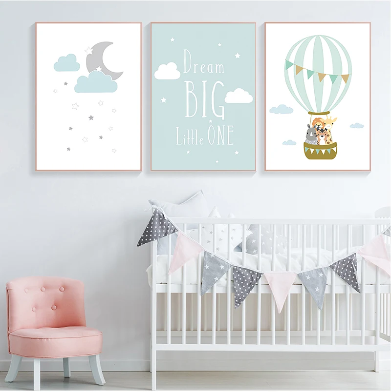 

Animal Balloon Moon Nursery Poster Wall Art Canvas Print Dream Big Quotes Painting Nordic Kid Baby Bedroom Decoration Picture