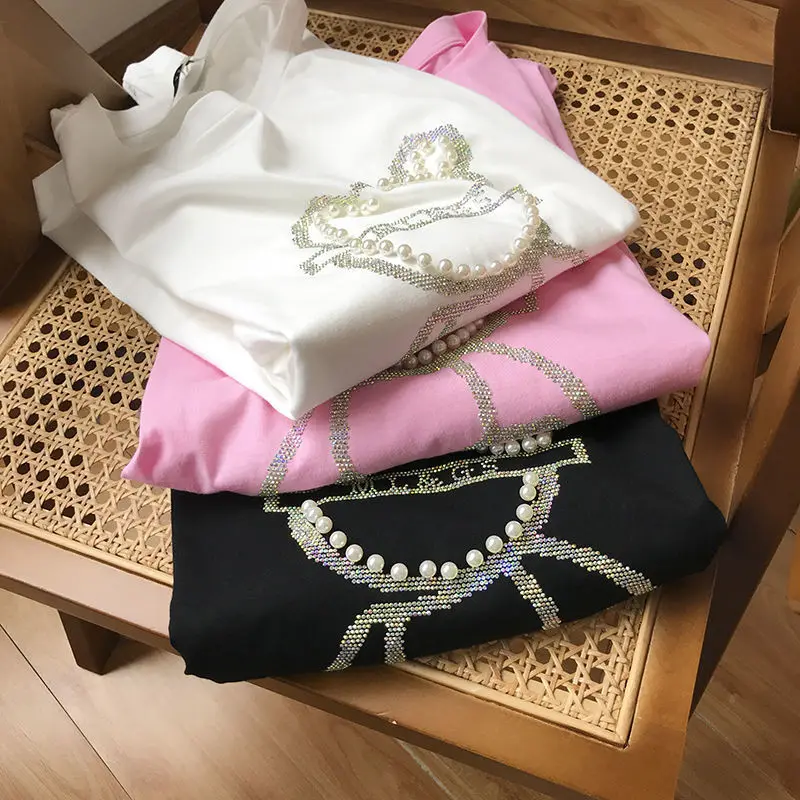 

Heavy Industry Hot Drilling and Beading Short-sleeved T-shirt Female Bear 2021 New Half-sleeved Design Sense Niche Summer