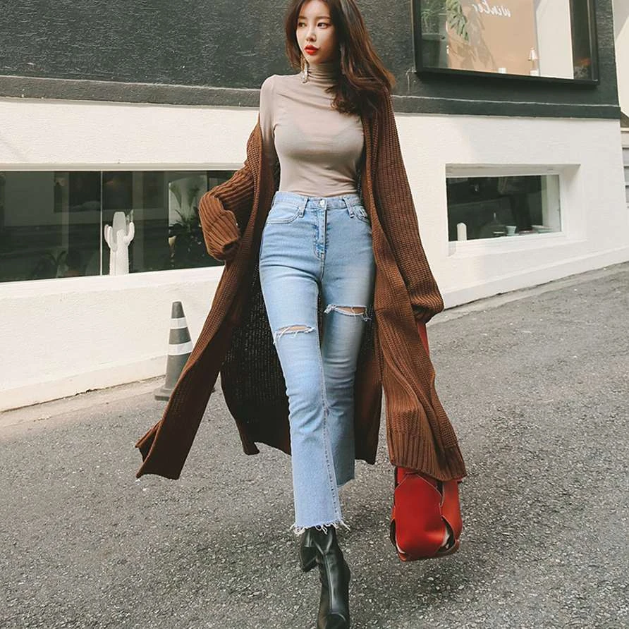 Повседневная Уличная одежда длинный свитер с рукавами фонариками в Корейском