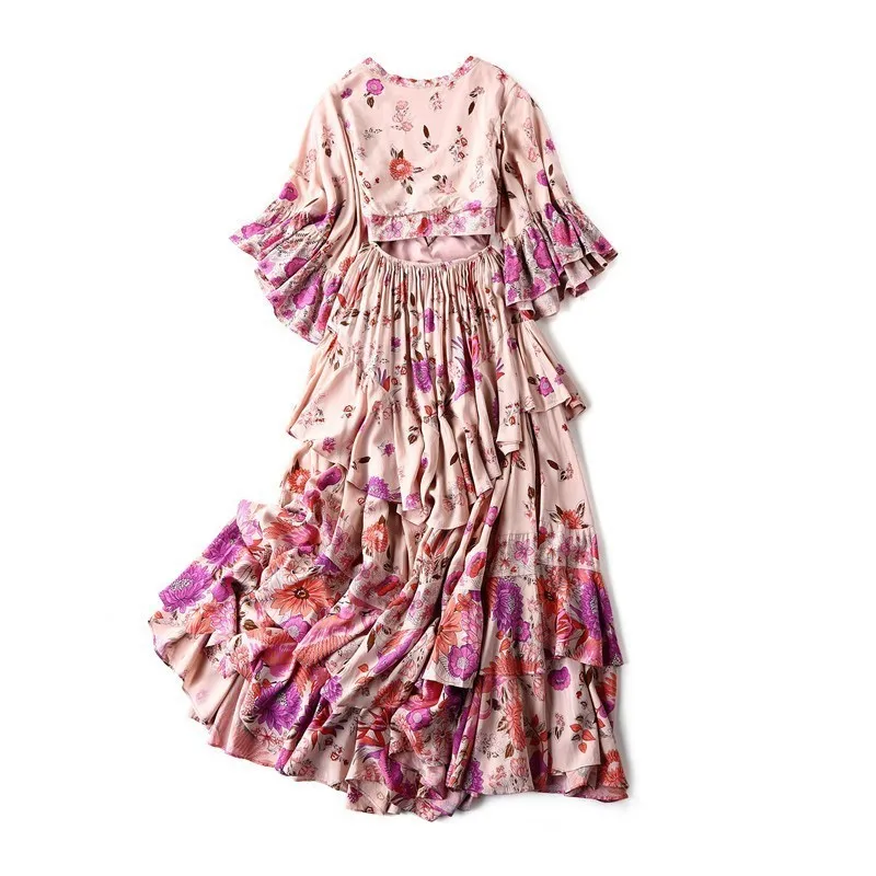 

Chao brand new sexy v-neck waist flared horn sleeve ruffled seaside holiday printed dress female