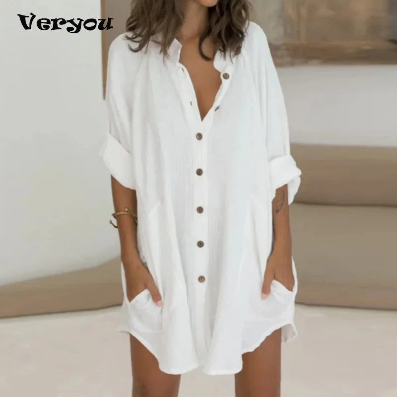 

Блузка Женская длинная из хлопка и льна, повседневная элегантная свободная однобортная модная Асимметричная рубашка, лето 2021