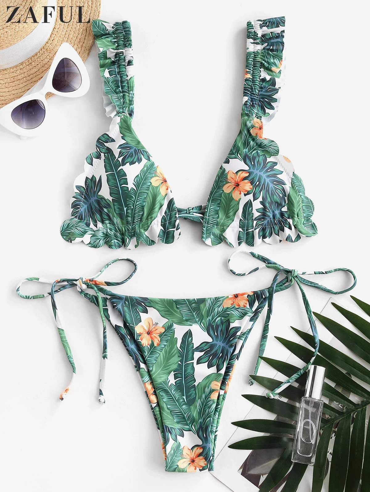

ZAFUL Leaf Print Tie Side Triangle Bikini Set Women Floral Ruffle String Swimwear Summer Sexy Beach Brazilian Bandage SwimSuit