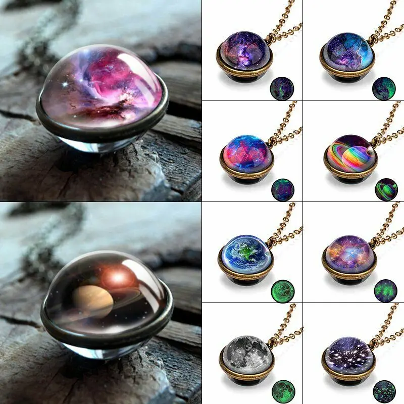 

Necklace Dark Galaxy System Double Sided Glass Glow in the Dome Planet Pendant