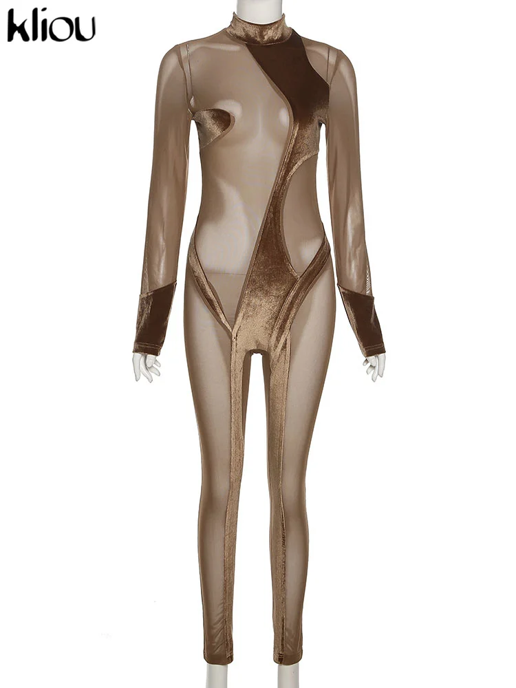 Kliou Stitching Mesh Jumpsuit Women Sexy See Through Irregular Shape Midnight Style One Pieces Sheath Slim Female Clubwear Hot |
