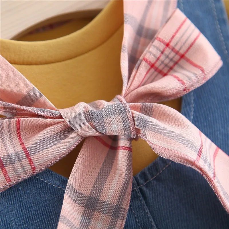 

2pcs/ set Bow T-shirt + denim strap skirt Spring Korean Girls Dress toddler clothes boutique kids clothing outfit 0-4 years