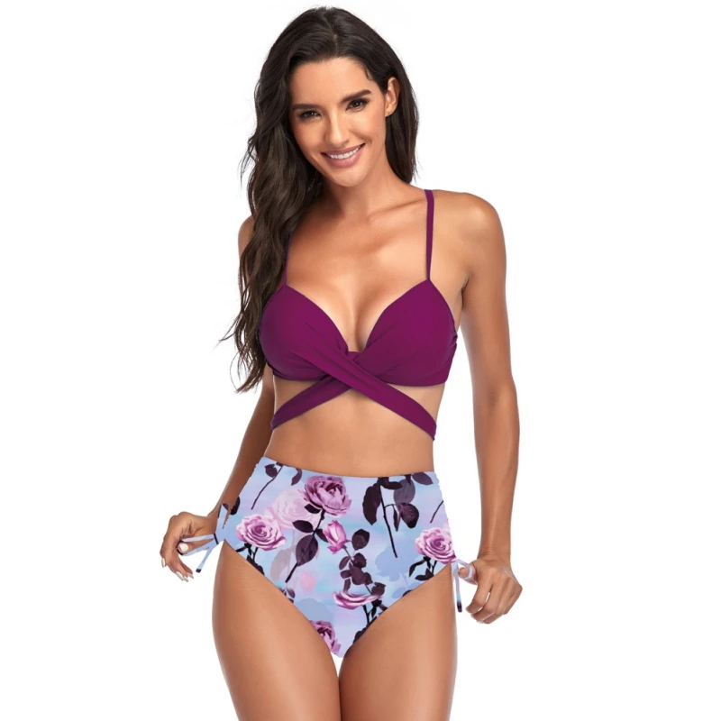 

European And American Women's Summer Swimsuit Cross Bandage High Waist Gathered Beach Wear Bikini Suit Floral Pants
