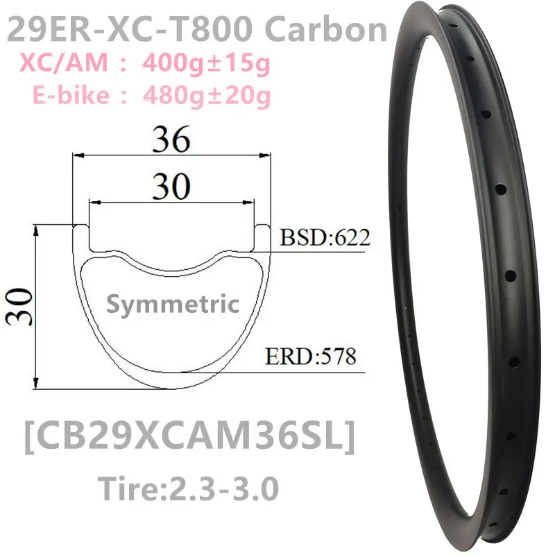 Фото [CBZ29XCSL-MTB] Симметричные 310г 30x25мм 30x30мм 35x25мм 36x30мм 33x25мм 29-дюймовые безкронштейновые бескамерные карбоновые обода для горных велосипедов 29er №2