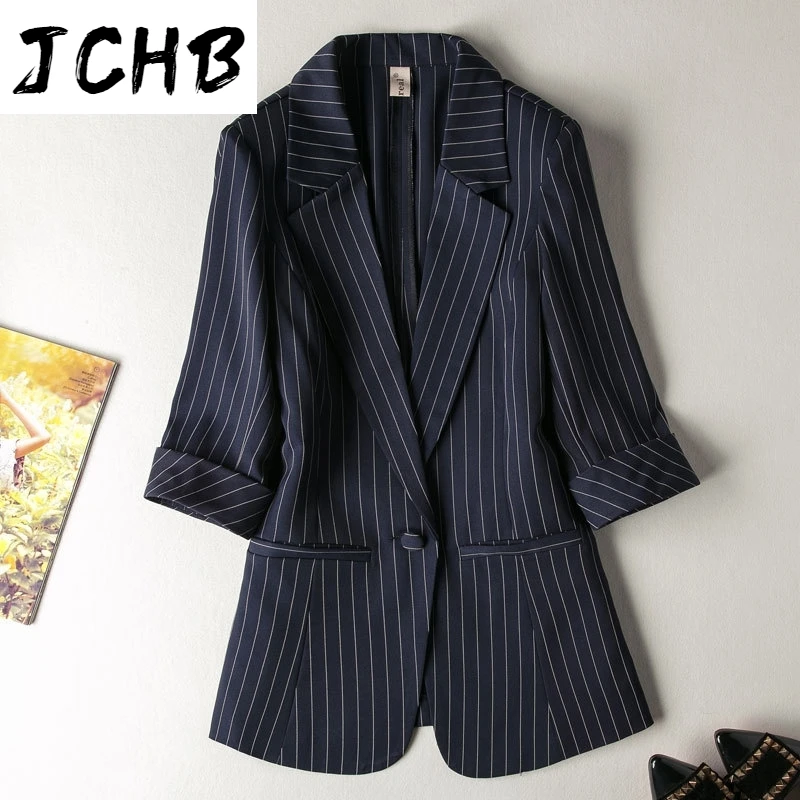 

JCHB V-neck Collar Black Striped Coat For Women Long Sleeve Single Breasted Suit Casual New Fashion Tide 2021 Spring GX122