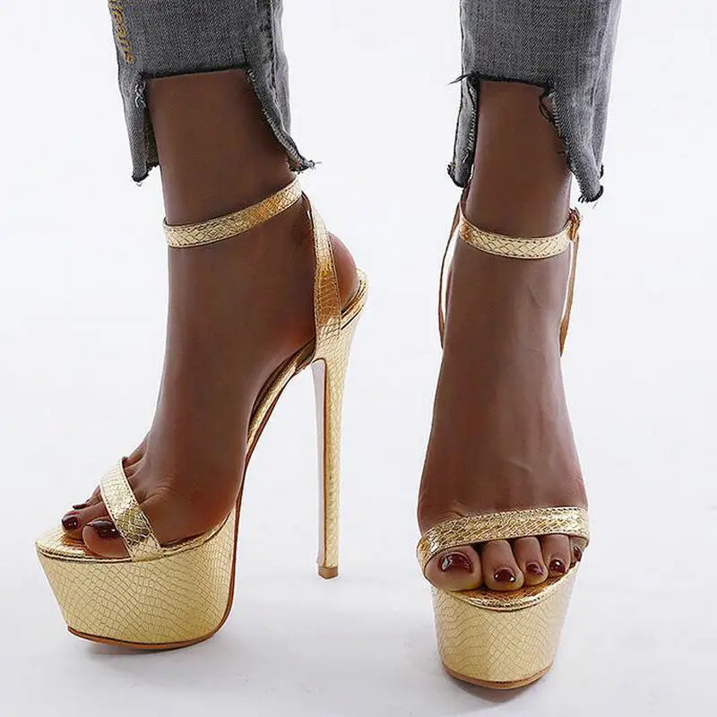 Женские босоножки на высоком каблуке 17 см золотистые вечерние туфли лодочки