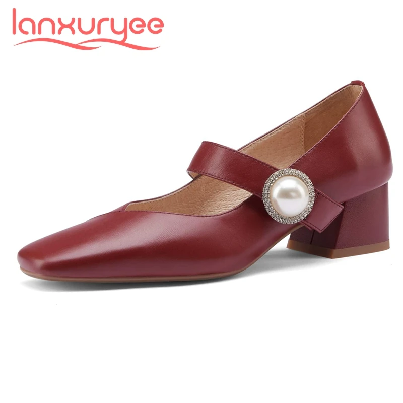 

Lanxuryee Европейский стиль полностью зернистый кожаный жемчуг украшения квадратный носок толстый средний каблук Пряжка ремешки повседневная ...