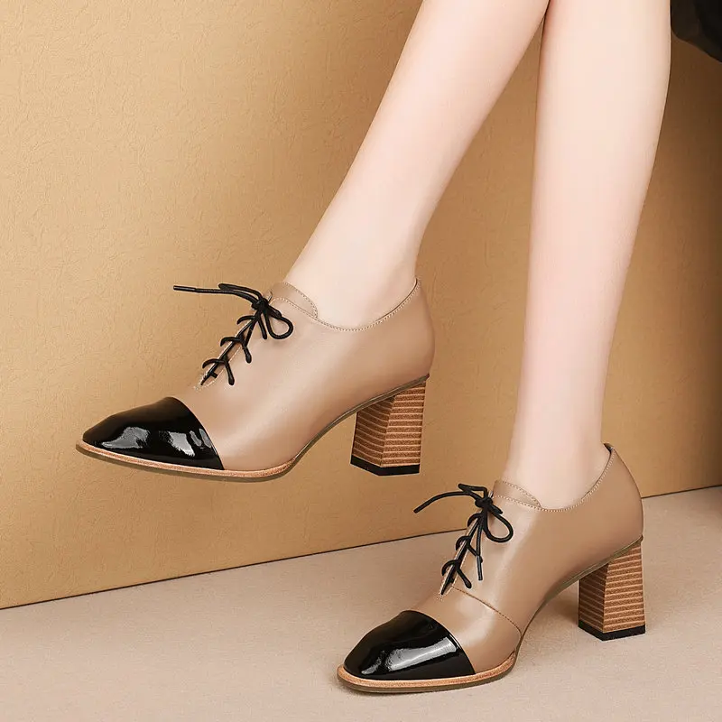 

Large size 34-43 lace up Women Spring Autumn High Heels Pumps genuine Leather Mixed-colors Shoes Woman Party Prom Shoes