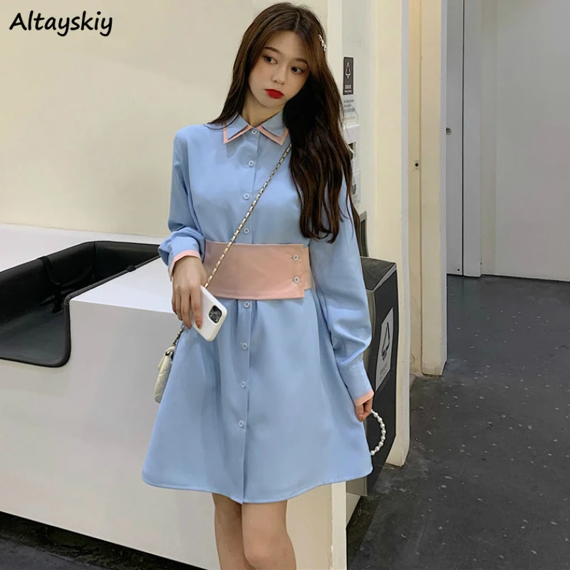 

Dress Womens Long Sleeve Patchwork Sashes Elegant Office Lady Turn-down Collar Loose Korean Style Leisure Daily Streetwear Chic