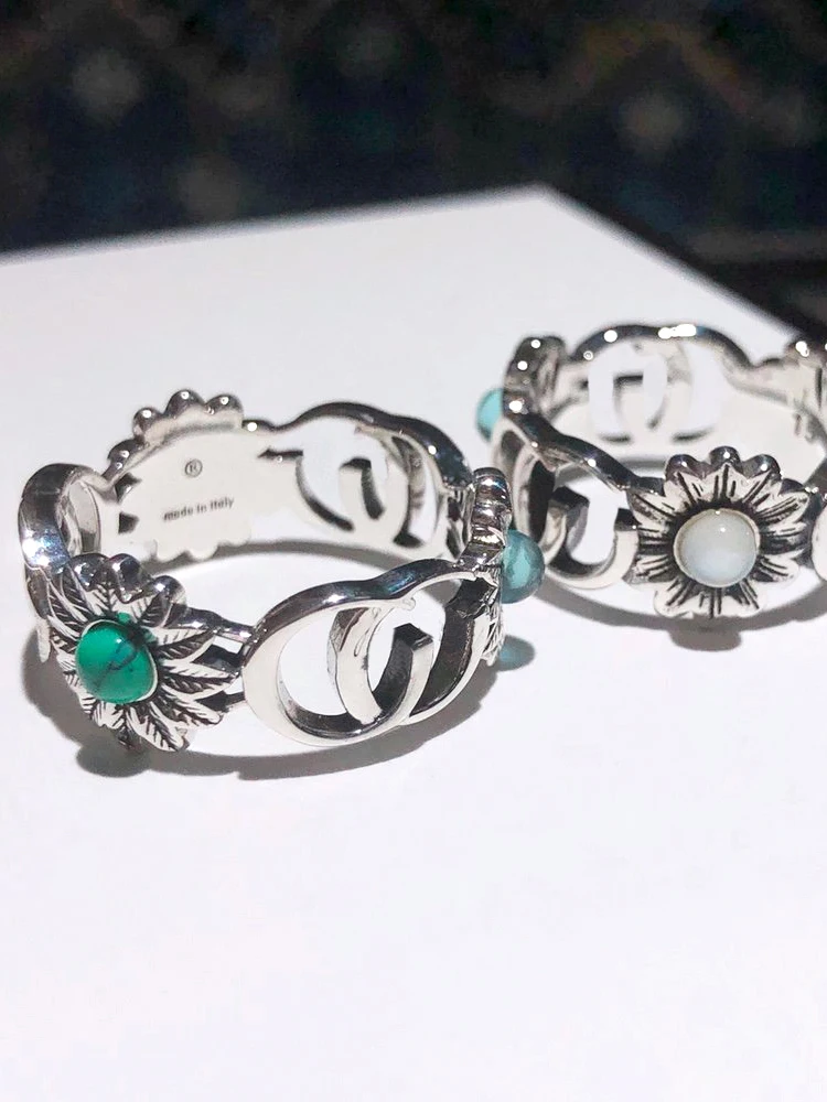 

Роскошные оригинальные парные кольца из серебра 925 пробы для мужчин и женщин, ретро-кольцо с бирюзовым цветком, модные очаровательные украш...