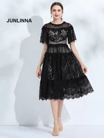 JUNLINNA Fashion New Women Lace Dress Summer Flare Sleeve Flower Embroidery Ruffles Elegant Long Black Dresses