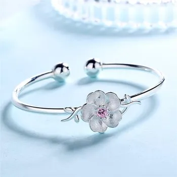 

European Creative Flower Bracelet Open Girl Sensual Sweet Diamond Pink Cherry Blossom Bracelet for Girls JSZ076