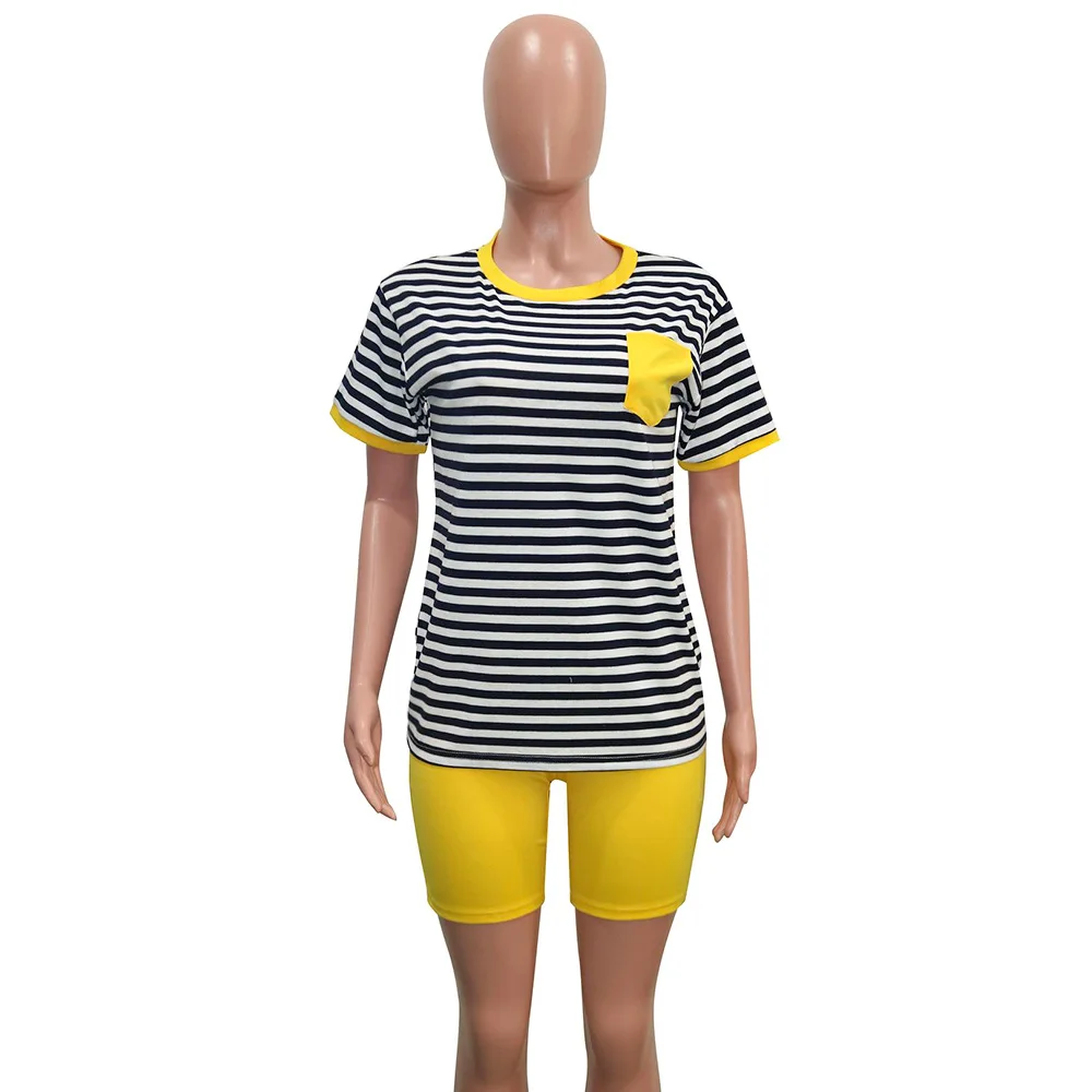 

European summer New Stripe Print sport two piece fashion fit o-neck short sleeve T-shirt and shorts women's set