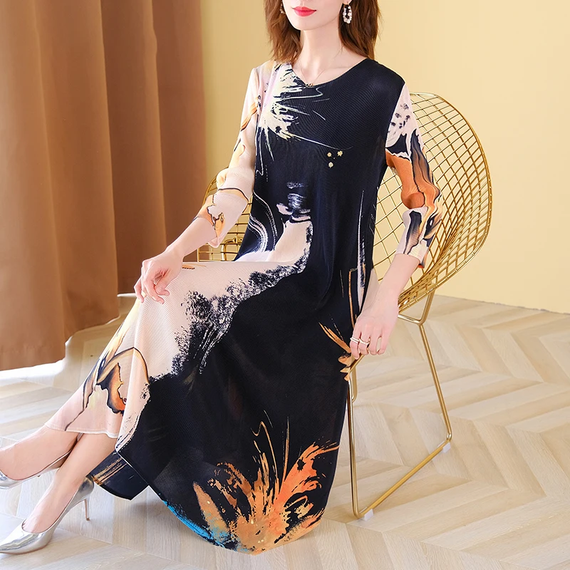 Женское платье в китайском стиле с круглым вырезом и рукавом 3/4 45 75 кг|Женские