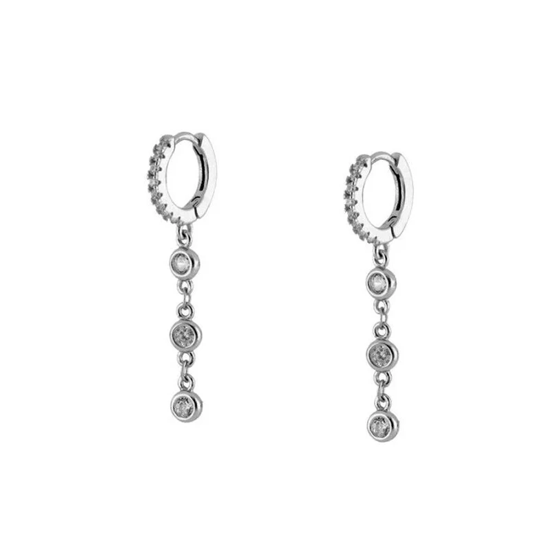 

KOJ 925 Silver Hoop Earrings With 3 Zircon Dangle Shiny 925 Sterling Plata Ear Ring For Women Party Wedding Small Hoop Earrings