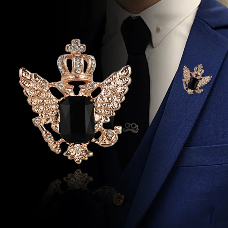Crystal crown men brooch small suit double-headed eagle wings Fashion male corsage crystal chain tassel badge pin | Украшения и