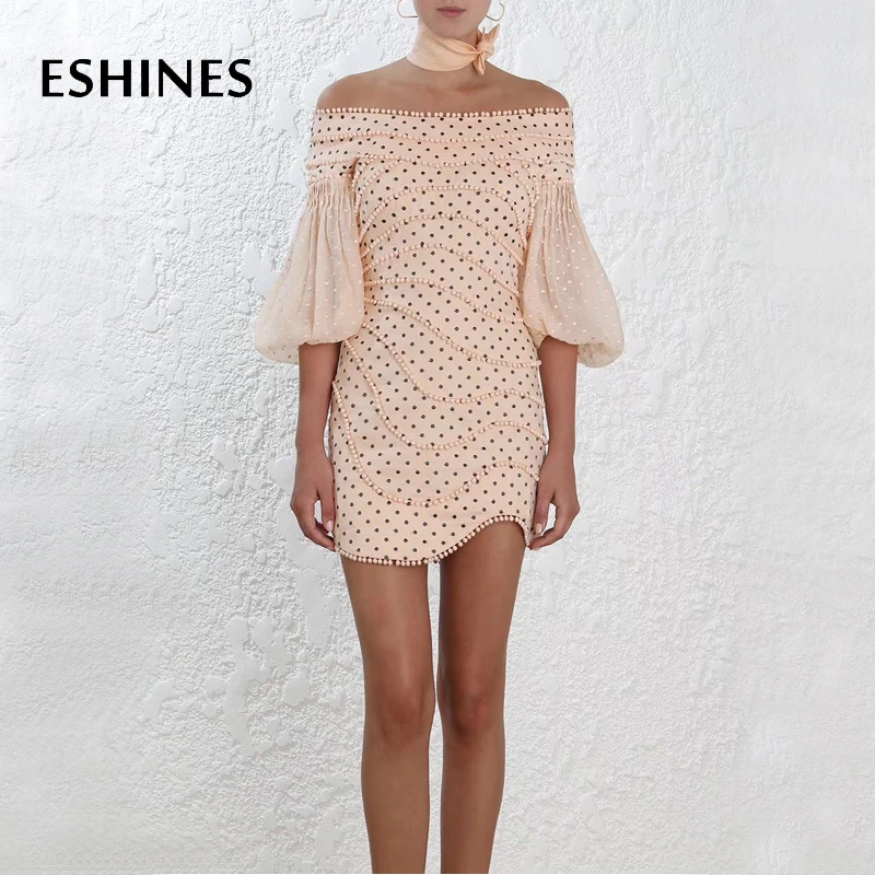 ESHINES/милое розовое мини платье с вырезом лодочкой летние заостренные бусины