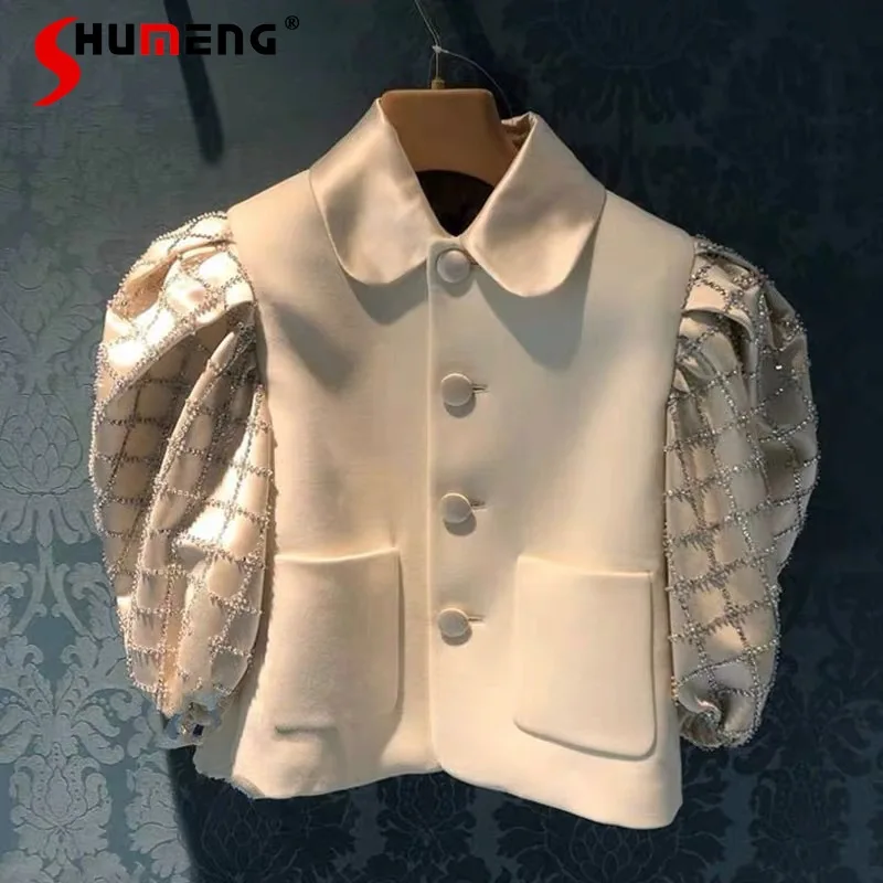 

Женская короткая куртка с круглым воротником, белая свободная винтажная куртка с пышными рукавами, универсальный жакет для осени, 2021