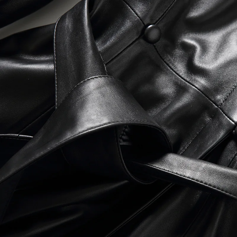 Spring Genuine Leather Women Sheepskin Slim Long Coat Black Stand Collar Long Sleeve Soft Temperament Jacket Single Breasted