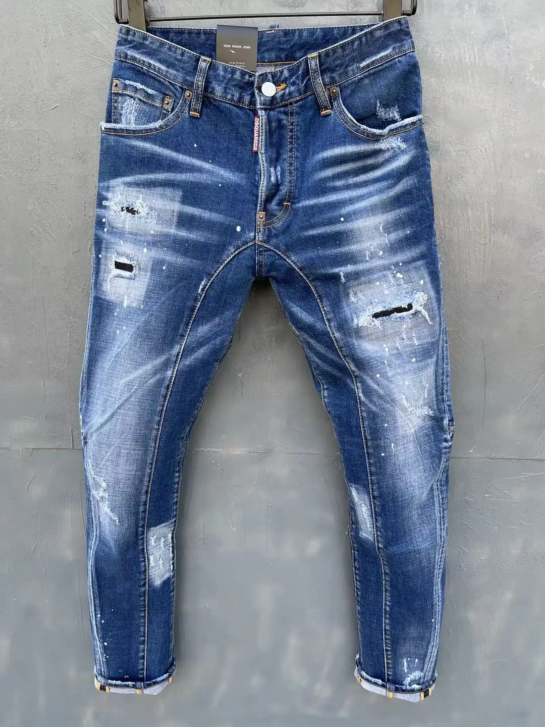 

Italian New DSQUARED2 Men's/Women's Stitching Ripped Jeans Fashion Slim Three-Dimensional Cut Patch Elastic Feet T137