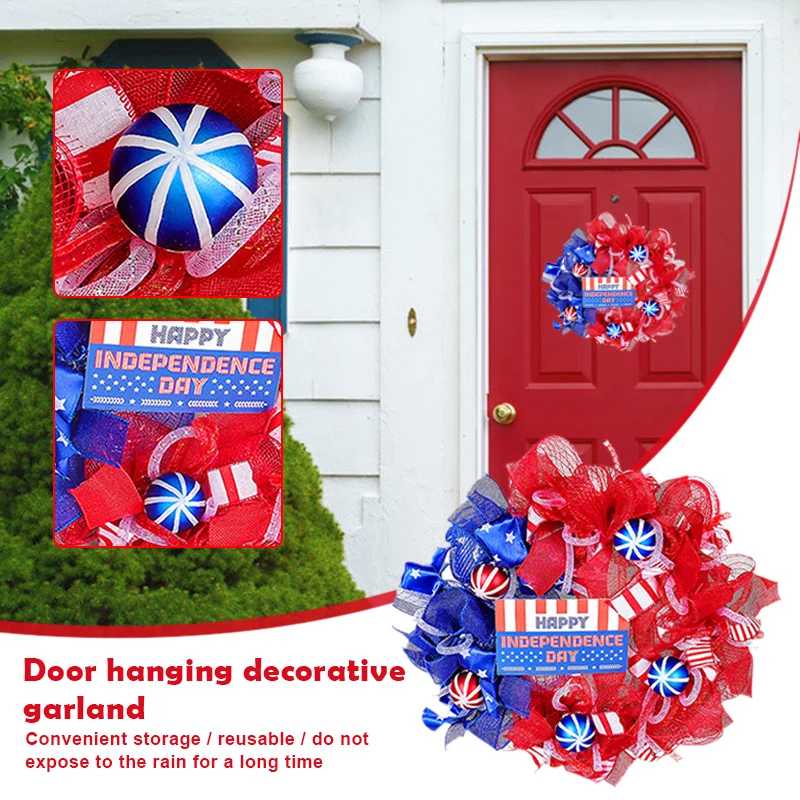 

30cm Patriotic Wreath Independence Day Wreath Porch Front Door Decoration Outdoor Hanging Garland Decor E7