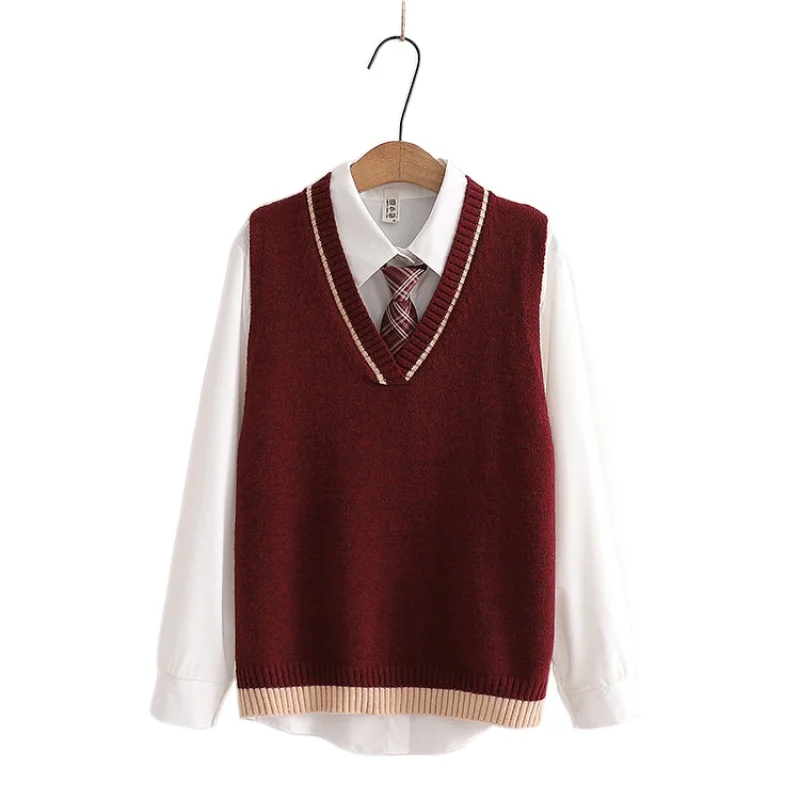 Spring Women 2 Pieces Sets New Preppy Style color-blocking striped tie knitted Vest + solid white Shirts inside suit 2012307