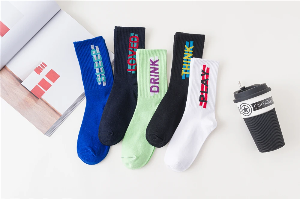 Women's Funny Words Loved Think Drink Sleep Play Lettered Striped Art Socks Couples Skateboard Hipster Street Dance Harajuku Sox