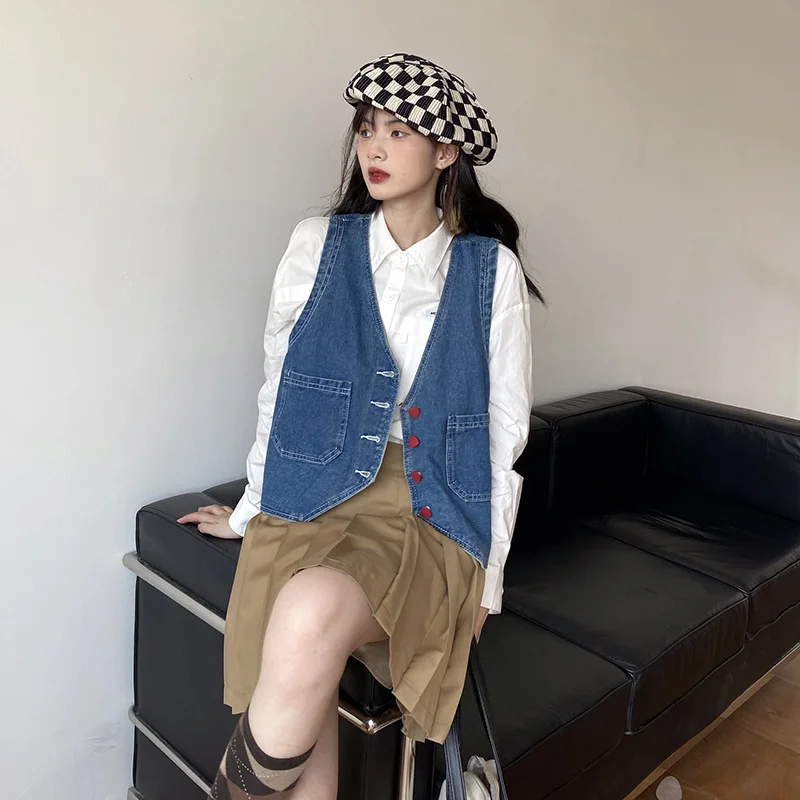Женский короткий джинсовый жилет Новинка осени 2021 милая безрукавка с V-образным