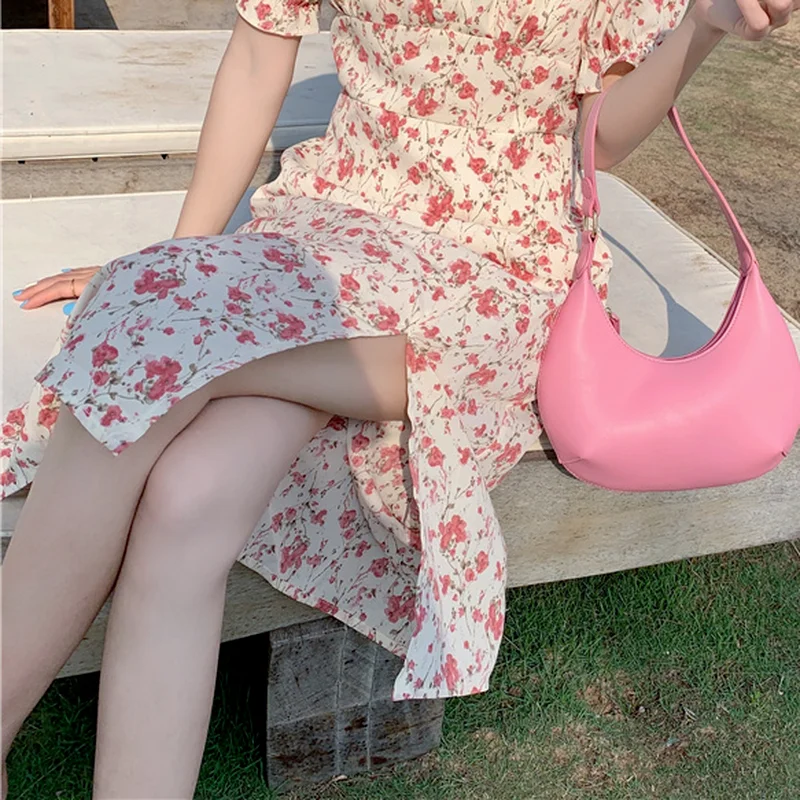 

Dress Women Floral Sweet Sexy Beach-style Cute Slim Drawstring Pleated Folds Side-slit Leisure Summer Breathable College Chic