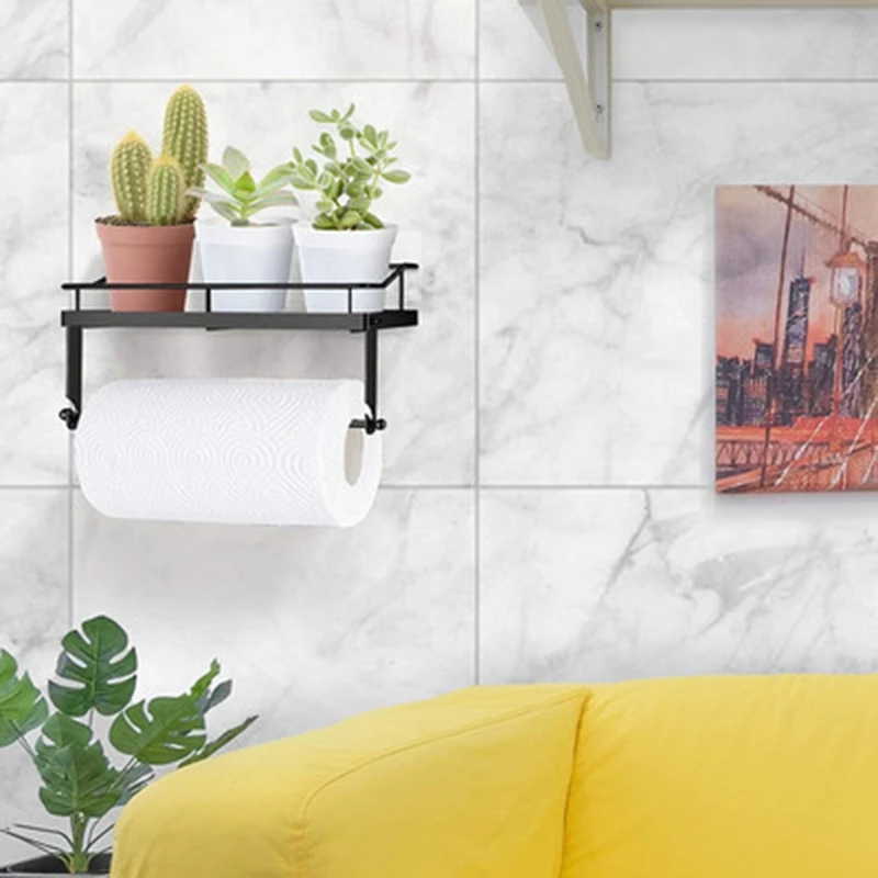 

Adhesive Paper Towel Holder Shelf Stainless Steel Wall Mount Storage Basket