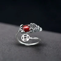 red gem ring wealth lucky index finger ring chinese style copper coin ring silver plated opening adjustable ring womens jewelry