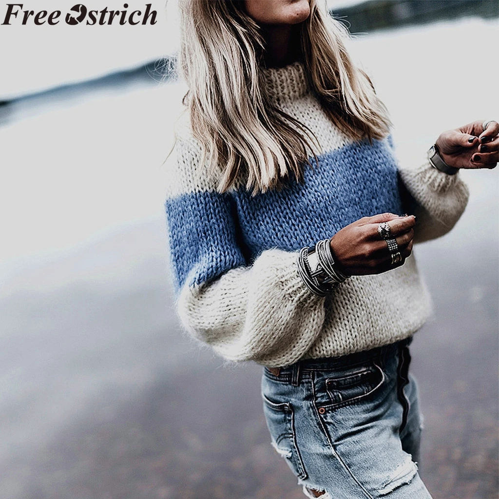 

Women Knit Sweater Loose Colorblock Long Sleeve Casual Pullover Fashion Plus Size Winter Thicken Large Size Sweater Ladies Tops