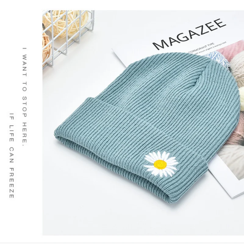 

2020 Модный пуловер шапка однотонная вязаная шапка женская осенне-зимняя теплая шапка трендовая шерстяная шапка с маргаритками