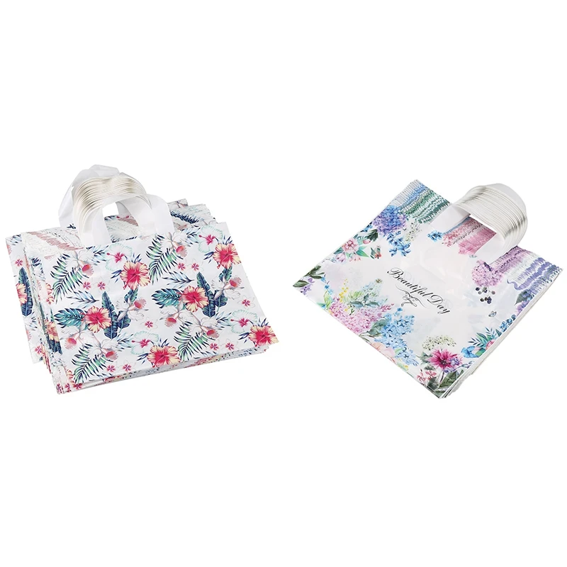

50Pcs Shopping Portable Hand Plastic Bag Tropical Leaf Flower Plastic Bag & 50Pcs Flower Gift Bags Plastic Shopping Bags