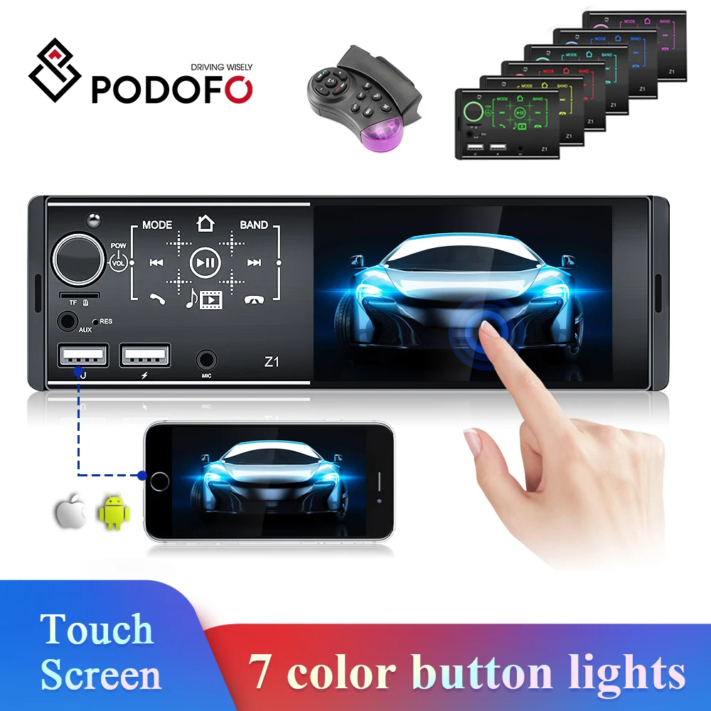 

Podofo 1 Din Car Radio 4" Touch Screen Double USB AUX FM MP5 Video Multimedia Player Autoradio Microphone Audio Remote Control