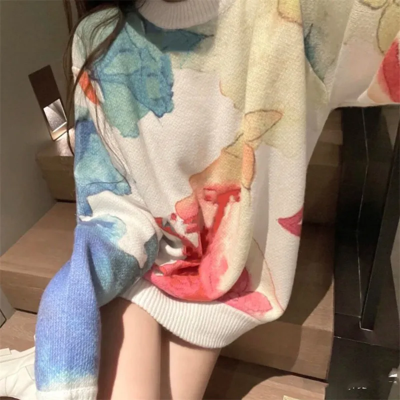 

Watercolor Graffiti Sweater Women's Loose Long Thin Tie-dye Sweaters Autumn Long-sleeved Pullover knit Tops Female Dropshipping