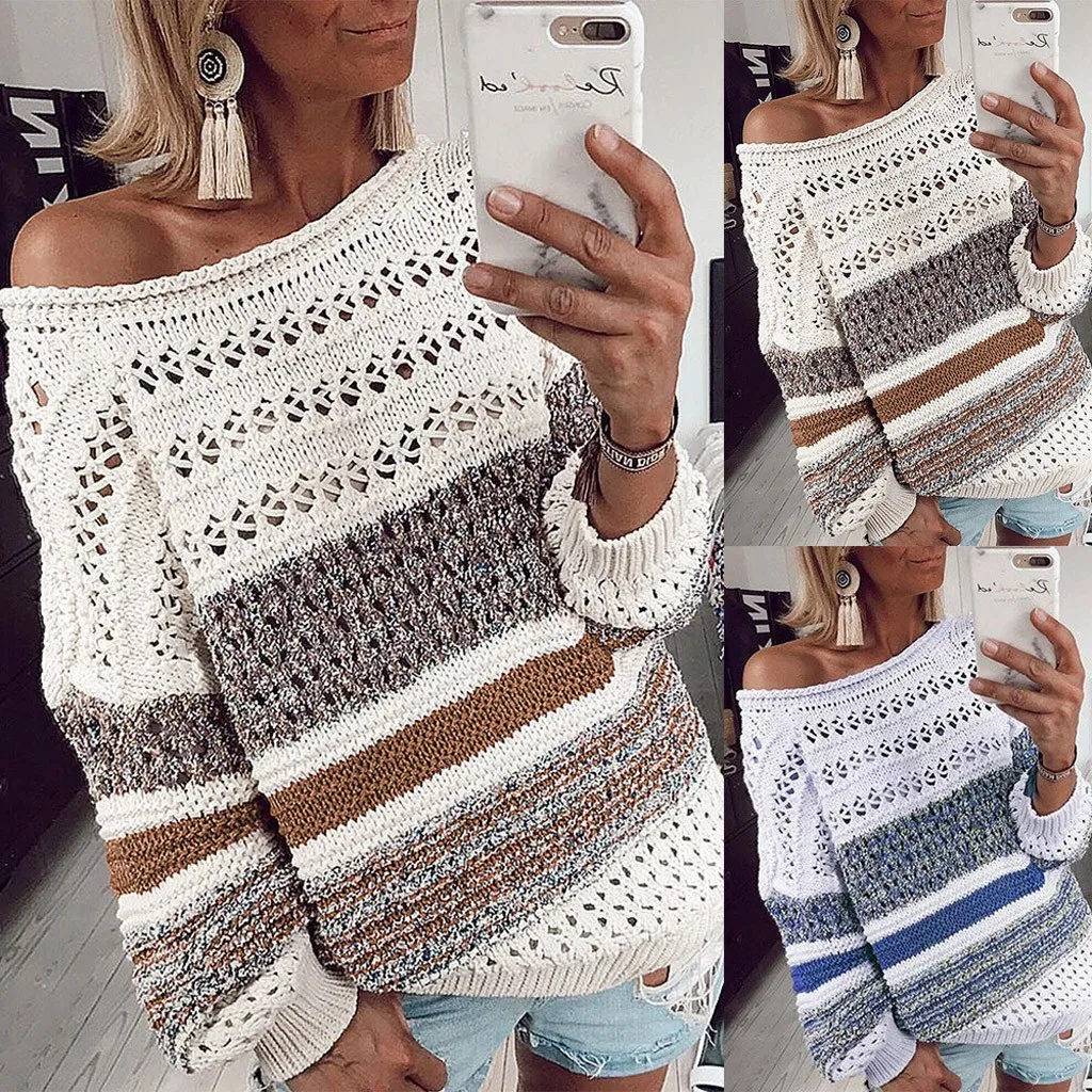 Женский вязаный ажурный свитер сексуальный полосатый лоскутный пуловер с